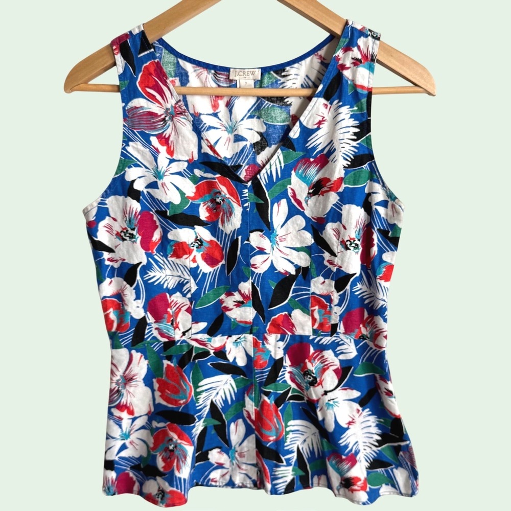 J.Crew Womens Floral V-Neck Peplum Top Blue‎ Red Linen Cotton Blend Size 2